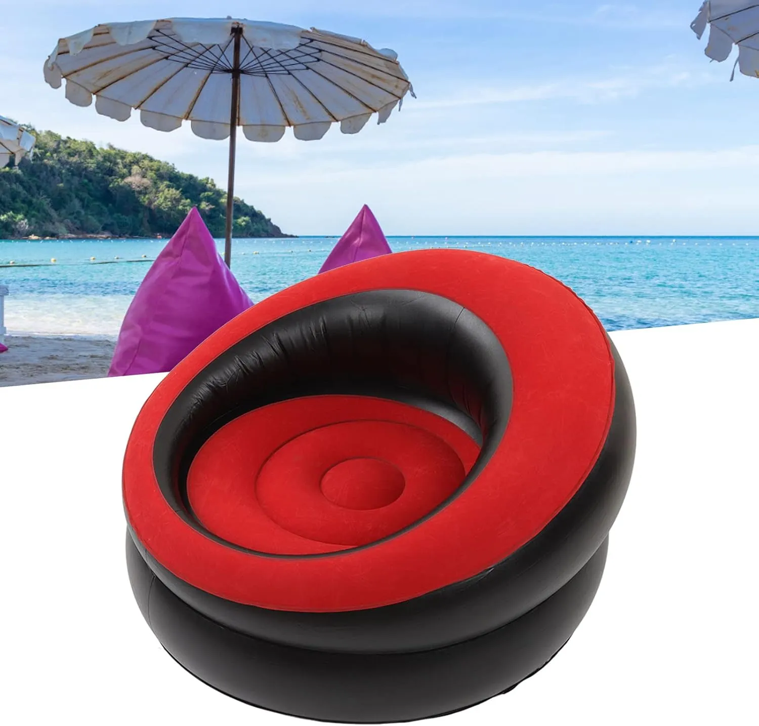 Inflatable Couch, Flocking Air Sofa Inflatable Sofa Chair Blow Up Couches Inflatable Lounge Chair for Bedroom Office Backyard Balcony Camping Travel (Red)