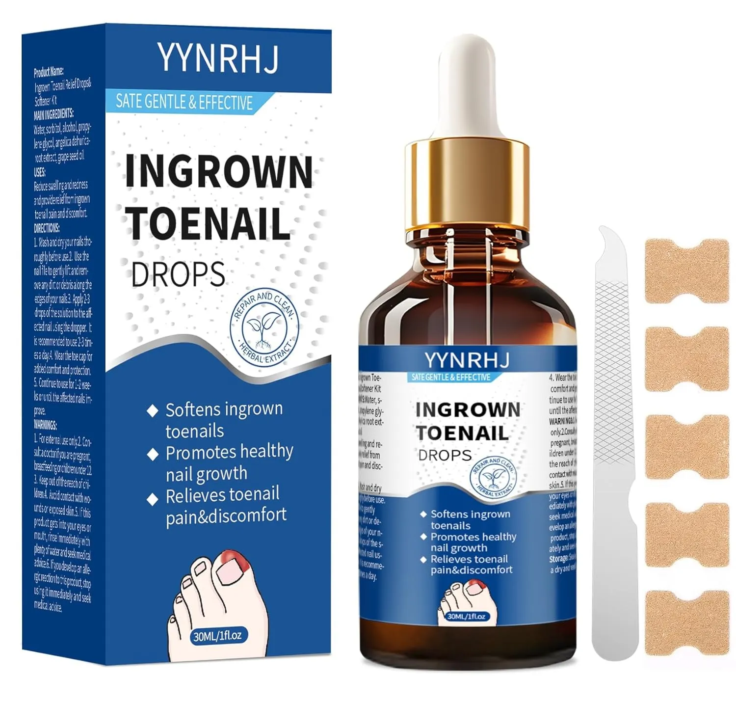 Ingrown toenail treatment- 30ML Toenail Softening Solution & Removal Tool with 10 nail patch​ |Effective Solution for Ingrown Toenails, Softens Nails, Easy to Use at Home​ IngrownToenail Removal Kit