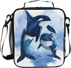 Insulated Lunch Bag Killer Whale Ocean Watercolor Portable Lunch Box Zippered Lunch Tote Bag Cooler Bag with Adjustable Strap for Women Men Work School Girl Boy
