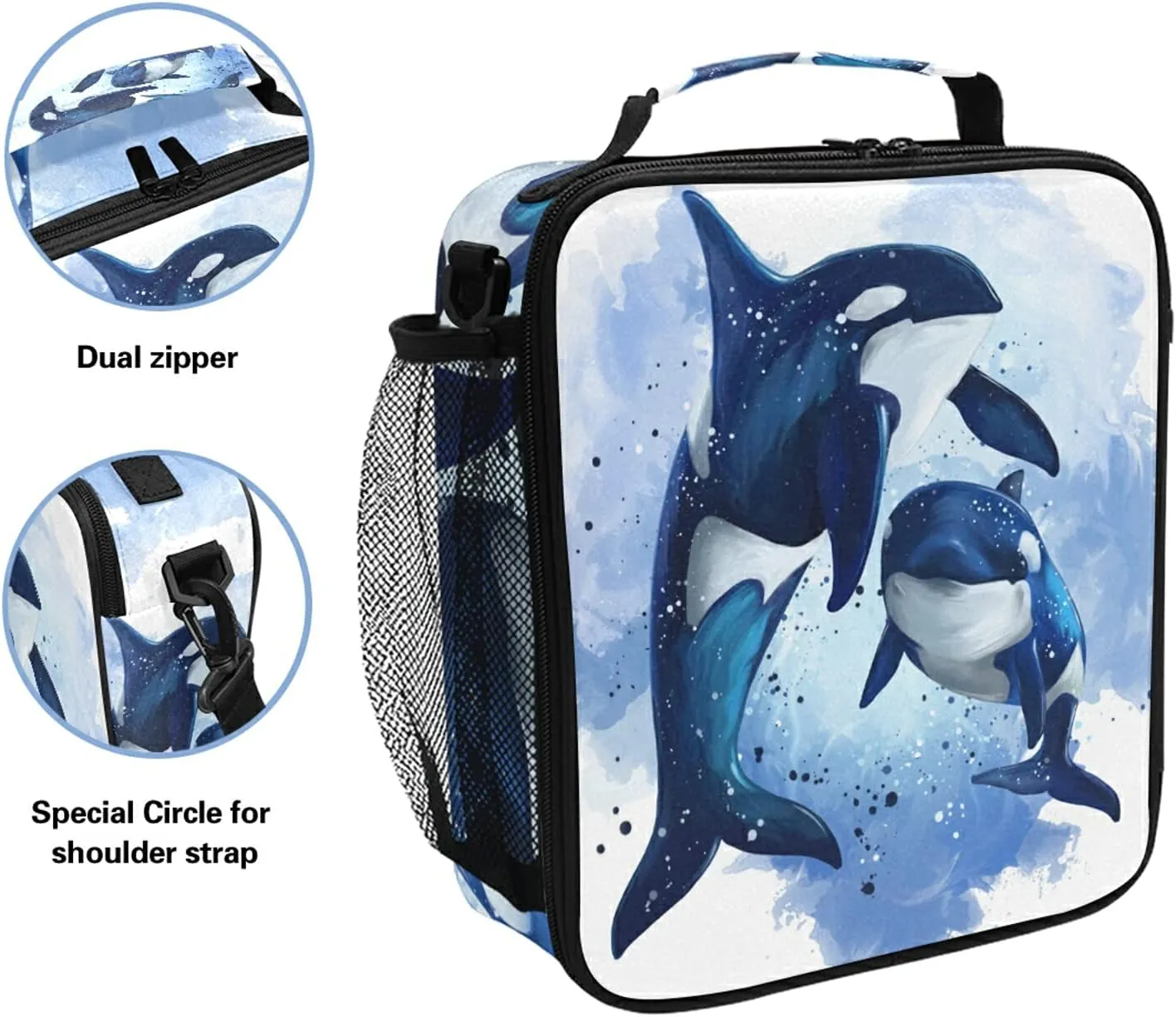 Insulated Lunch Bag Killer Whale Ocean Watercolor Portable Lunch Box Zippered Lunch Tote Bag Cooler Bag with Adjustable Strap for Women Men Work School Girl Boy
