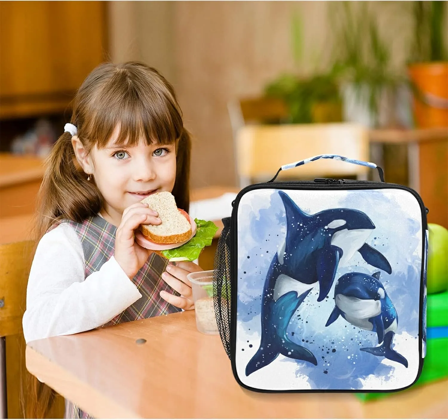 Insulated Lunch Bag Killer Whale Ocean Watercolor Portable Lunch Box Zippered Lunch Tote Bag Cooler Bag with Adjustable Strap for Women Men Work School Girl Boy