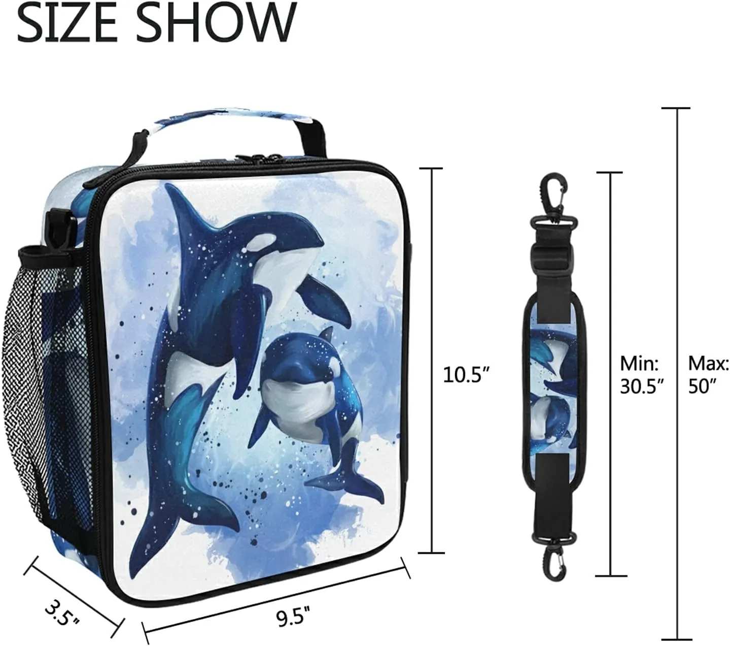 Insulated Lunch Bag Killer Whale Ocean Watercolor Portable Lunch Box Zippered Lunch Tote Bag Cooler Bag with Adjustable Strap for Women Men Work School Girl Boy