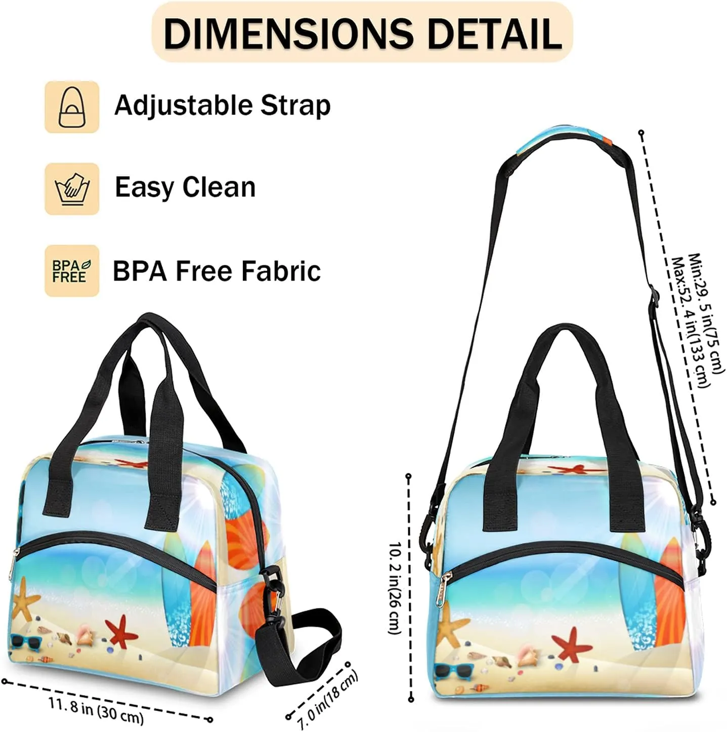 Insulated Lunch Bag Summer Beach Surfboard Starfish Lunch Box Reusable Leakproof Meal Prep Lunch Bag Cooler Tote Bag with Removable Adjustable Shoulder Strap for Women Men Travel Picnic Work School
