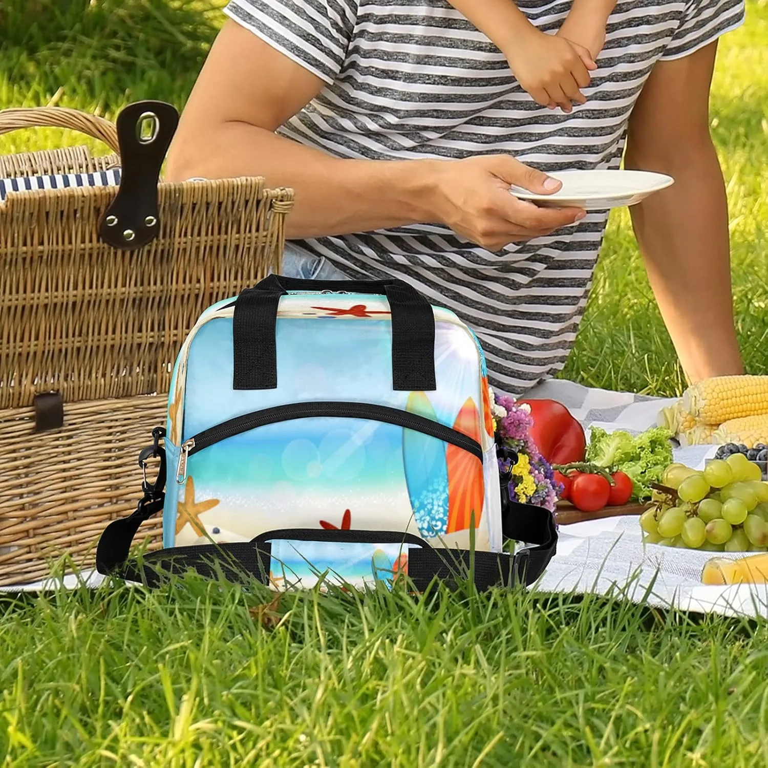 Insulated Lunch Bag Summer Beach Surfboard Starfish Lunch Box Reusable Leakproof Meal Prep Lunch Bag Cooler Tote Bag with Removable Adjustable Shoulder Strap for Women Men Travel Picnic Work School