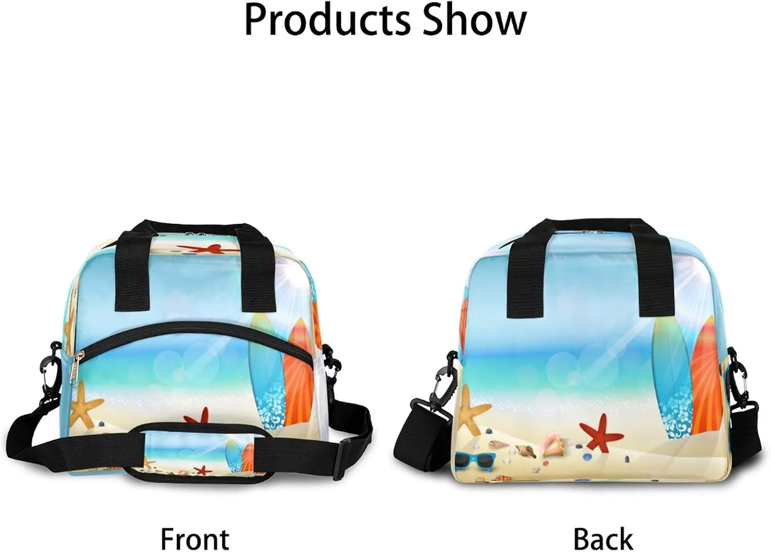 Insulated Lunch Bag Summer Beach Surfboard Starfish Lunch Box Reusable Leakproof Meal Prep Lunch Bag Cooler Tote Bag with Removable Adjustable Shoulder Strap for Women Men Travel Picnic Work School