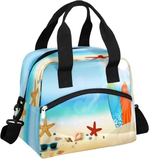 Insulated Lunch Bag Summer Beach Surfboard Starfish Lunch Box Reusable Leakproof Meal Prep Lunch Bag Cooler Tote Bag with Removable Adjustable Shoulder Strap for Women Men Travel Picnic Work School