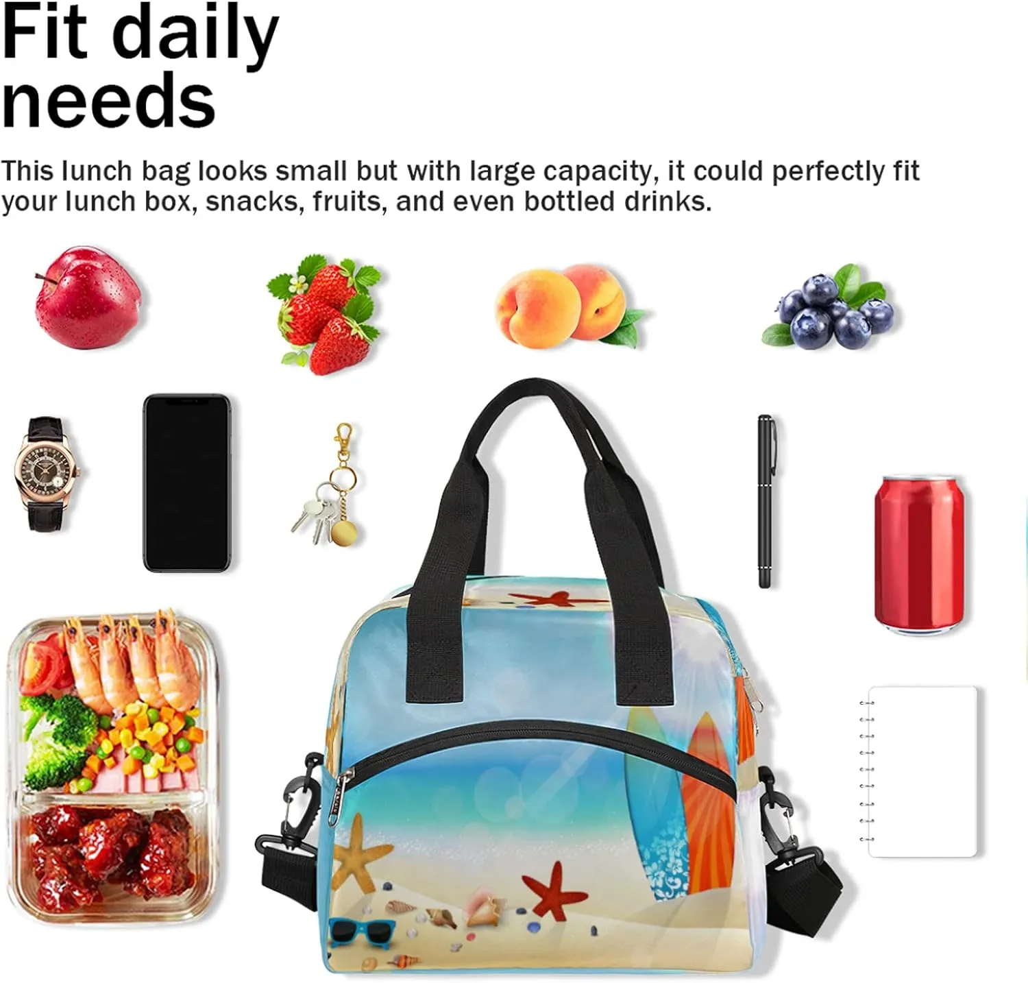 Insulated Lunch Bag Summer Beach Surfboard Starfish Lunch Box Reusable Leakproof Meal Prep Lunch Bag Cooler Tote Bag with Removable Adjustable Shoulder Strap for Women Men Travel Picnic Work School