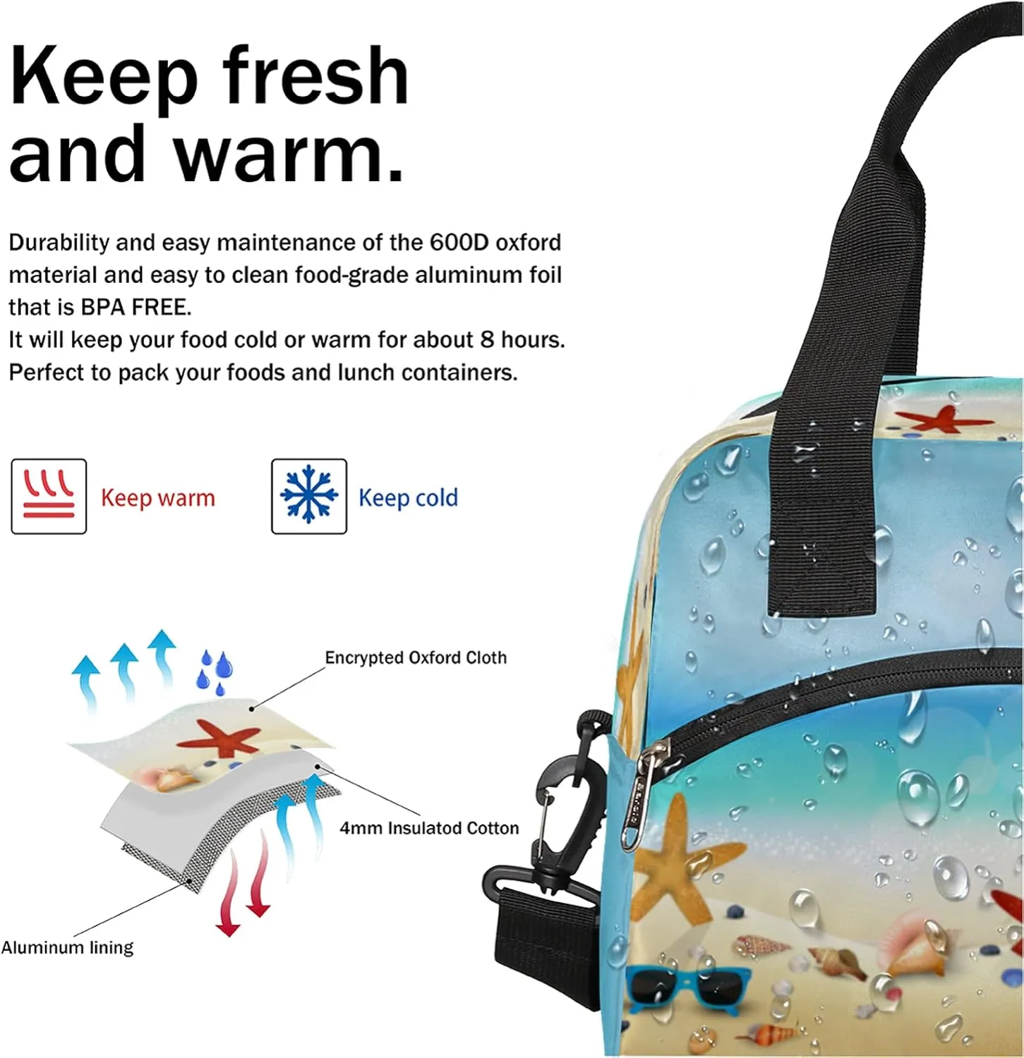 Insulated Lunch Bag Summer Beach Surfboard Starfish Lunch Box Reusable Leakproof Meal Prep Lunch Bag Cooler Tote Bag with Removable Adjustable Shoulder Strap for Women Men Travel Picnic Work School