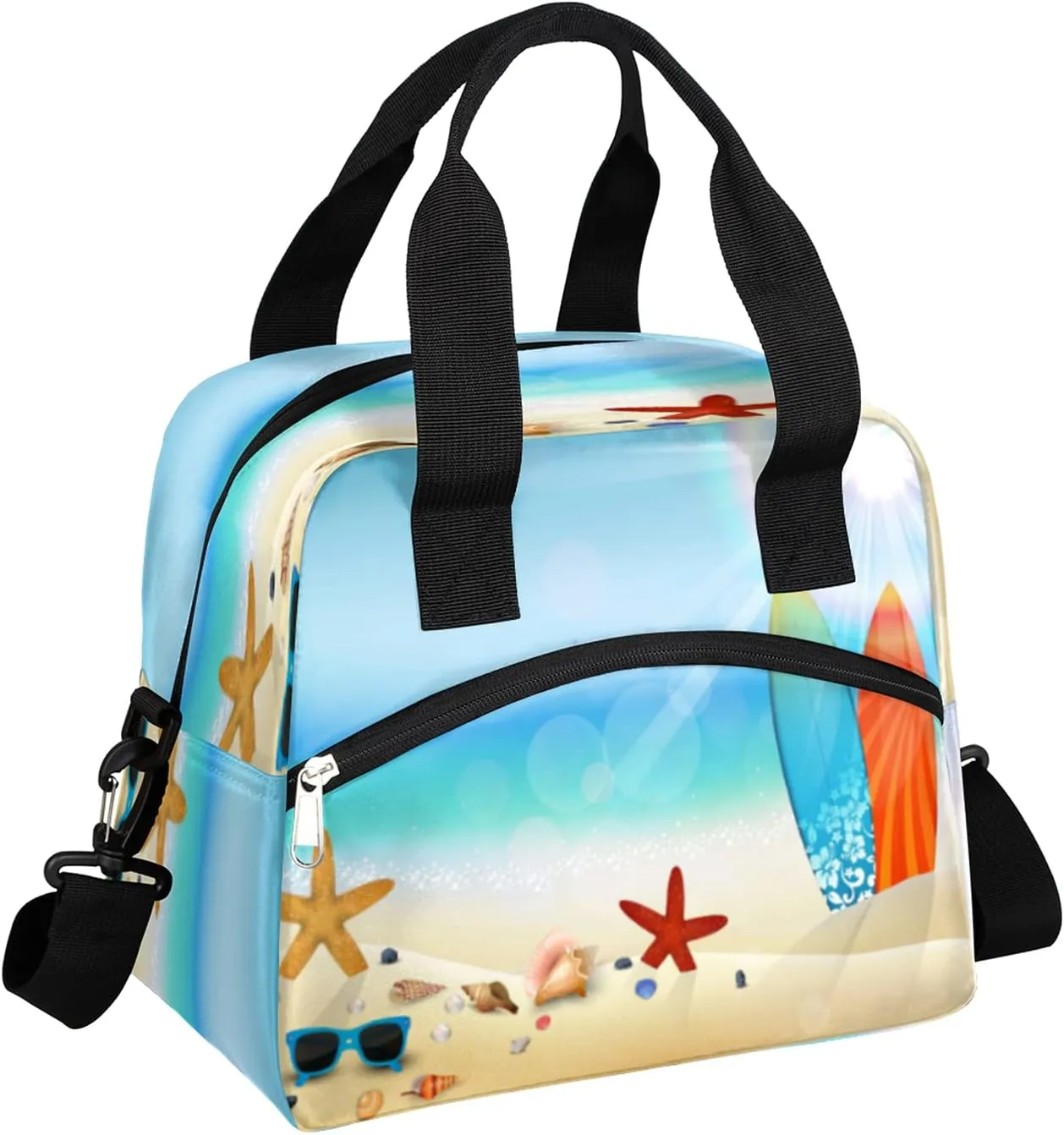 Insulated Lunch Bag Summer Beach Surfboard Starfish Lunch Box Reusable Leakproof Meal Prep Lunch Bag Cooler Tote Bag with Removable Adjustable Shoulder Strap for Women Men Travel Picnic Work School