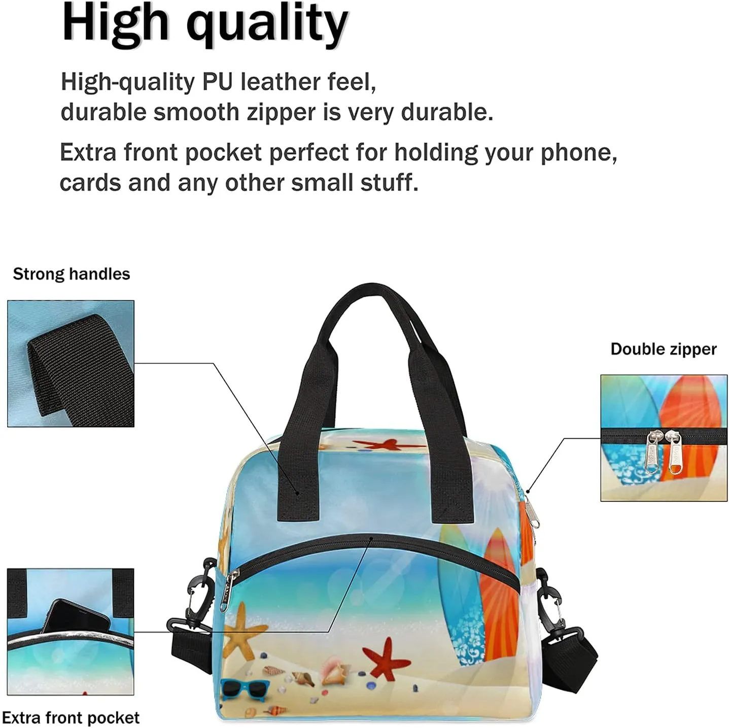 Insulated Lunch Bag Summer Beach Surfboard Starfish Lunch Box Reusable Leakproof Meal Prep Lunch Bag Cooler Tote Bag with Removable Adjustable Shoulder Strap for Women Men Travel Picnic Work School