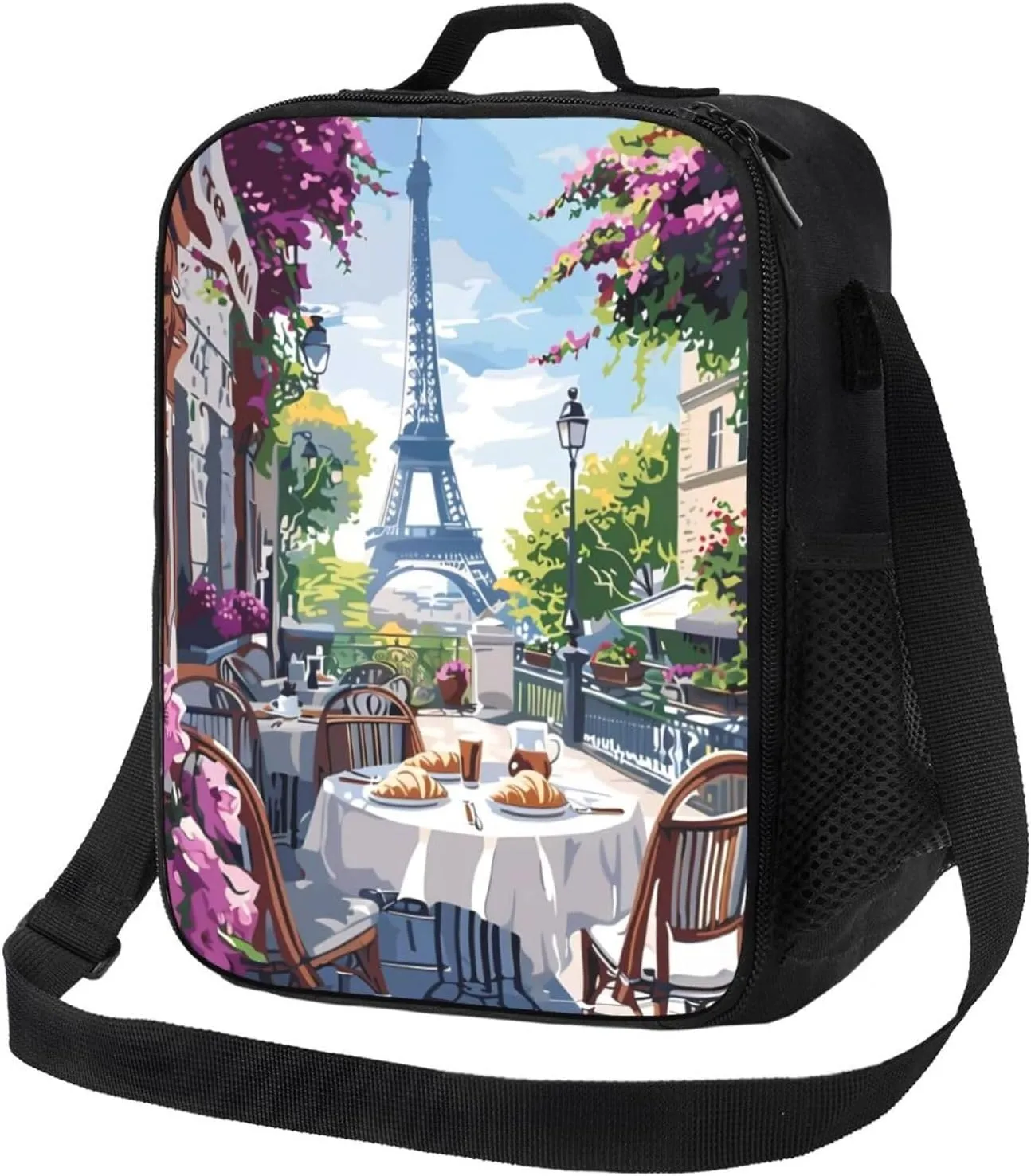 Insulated Lunch Bags for Women Men Work - Parisian Cafe With Eiffel Adult Lunch Box for Women Men, Soft Cooler Bag Insulated, Small Lunch Tote Bags with Adjustable Shoulder Strap