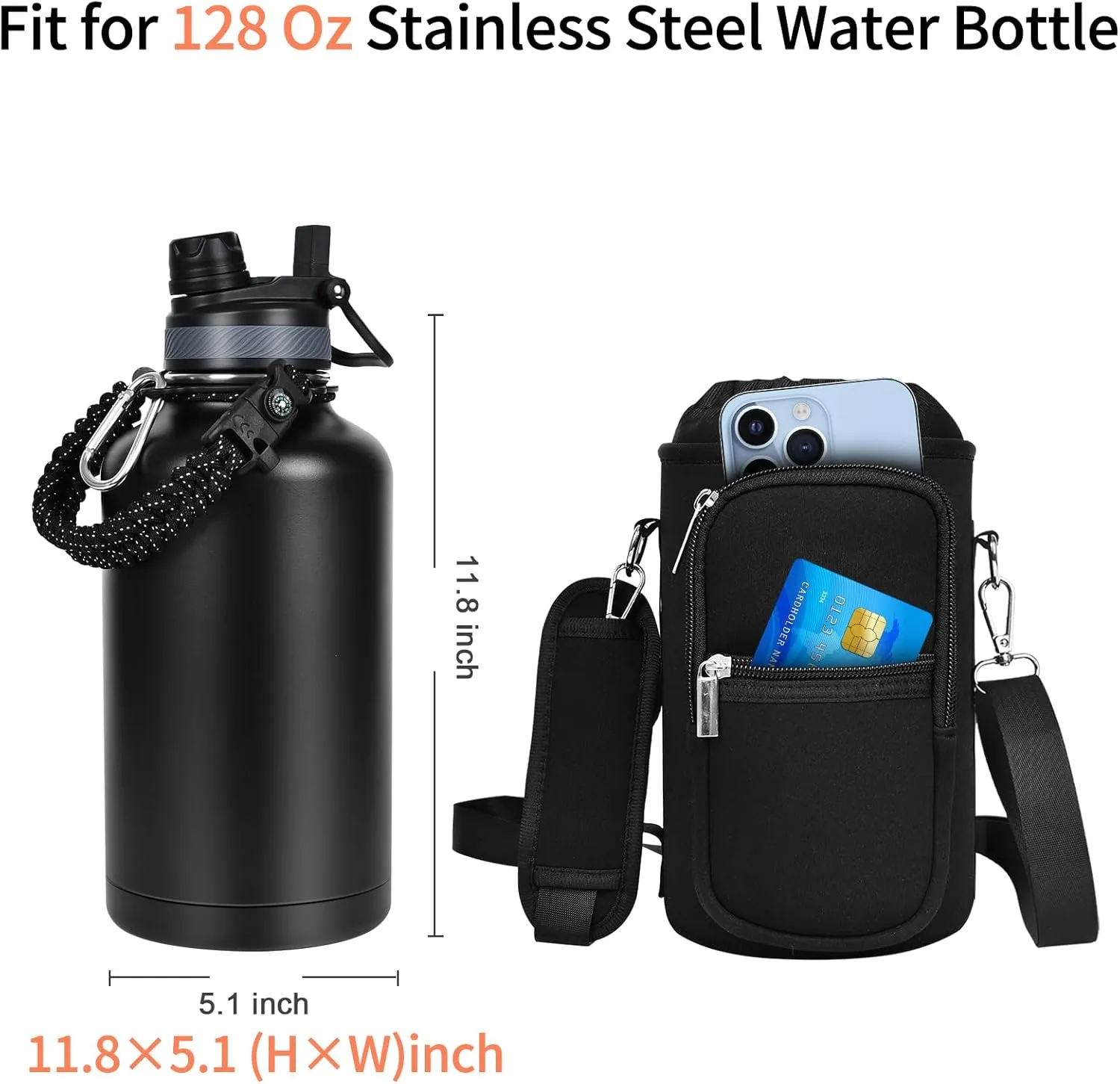 Insulated Water Bottle Bag Neoprene Carrier Sleeve for 32/40/64/128 oz Water Jug Carrying Pouch Sling Strap, Pocket