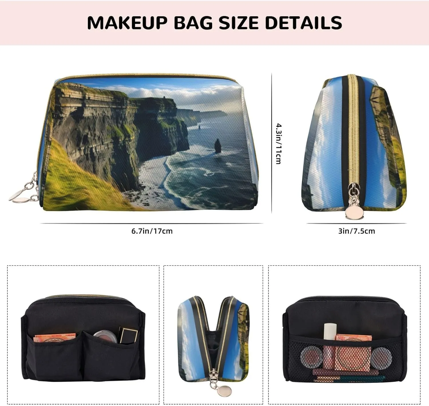 Ireland Outdoors County Clare The Cliffs Leather Toiletry Travel Bag, Compact Makeup Organizer For Women