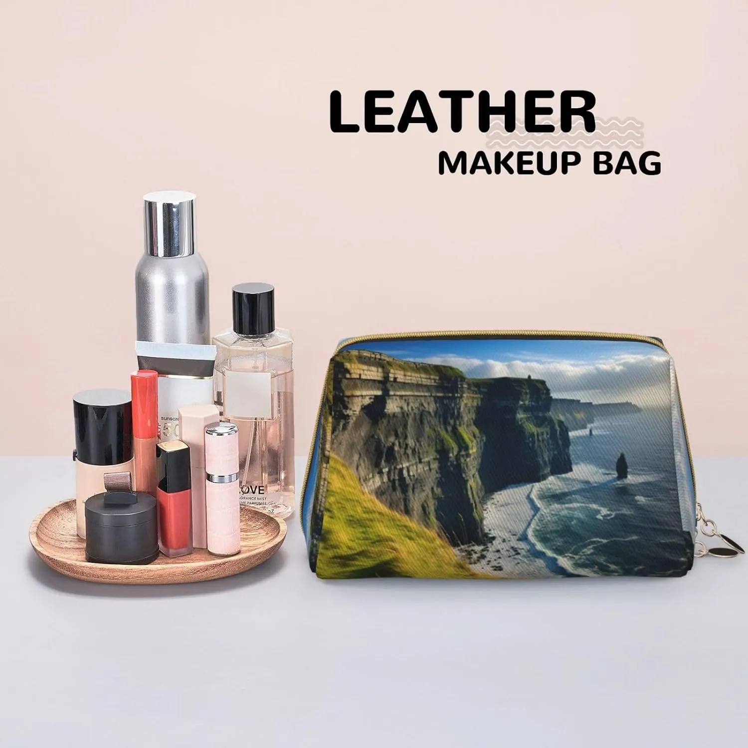 Ireland Outdoors County Clare The Cliffs Leather Toiletry Travel Bag, Compact Makeup Organizer For Women