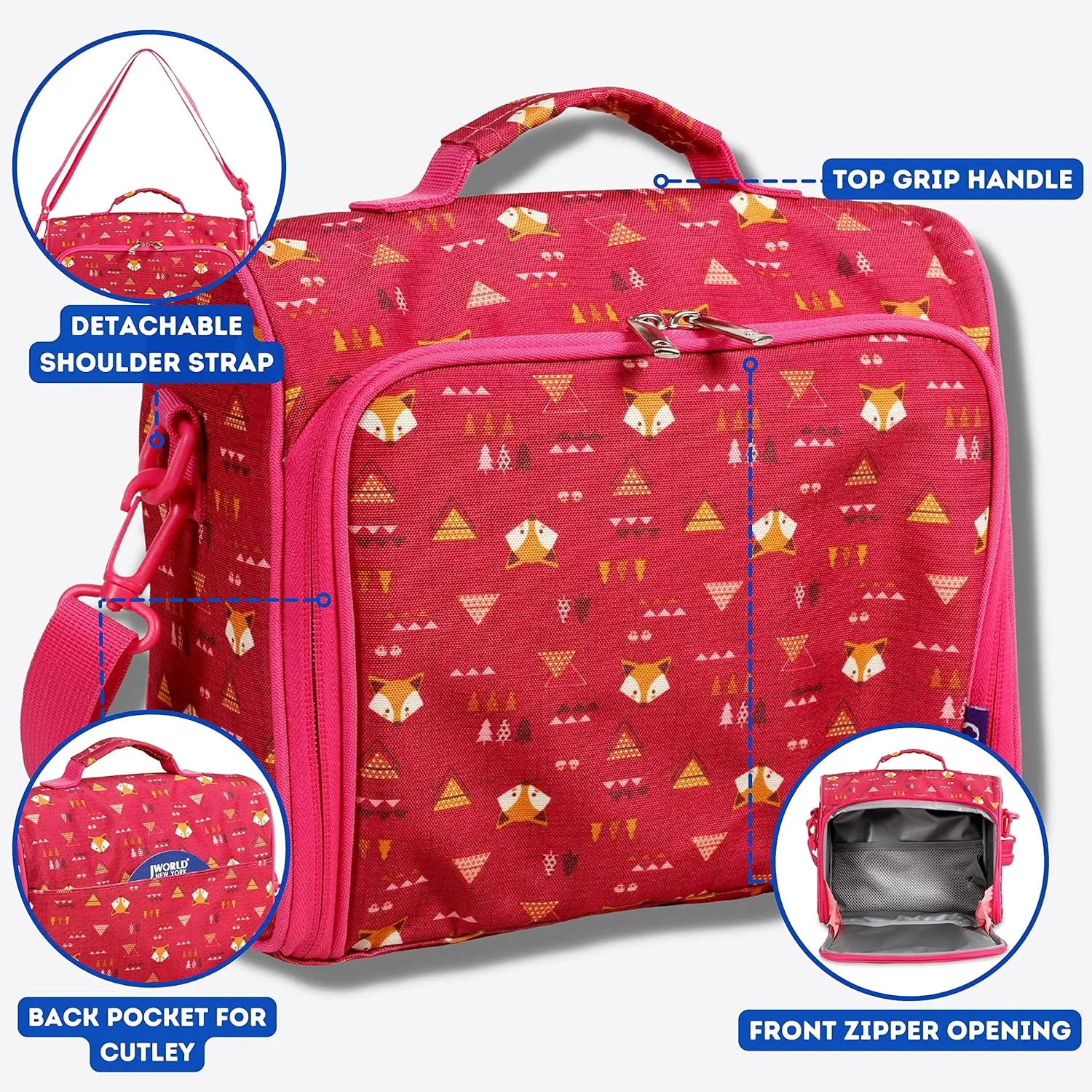 J World New York Casey Kids Lunch Bag. Cute Insulated Lunch-Box for Boys Girls, Fox