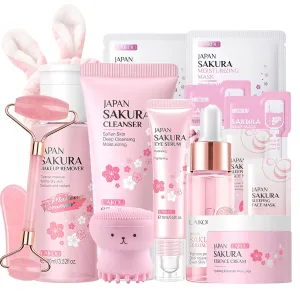 Japan Sakura Skin Care Set Women Gifts - Skin Care for Teens 10-12 - Teen Skin Care Kit Skincare for Girls 10-12 - Face Skin Care Set Gifts - Skincare Set with Cleanser,Eye Cream, Serum,Bunny Headband