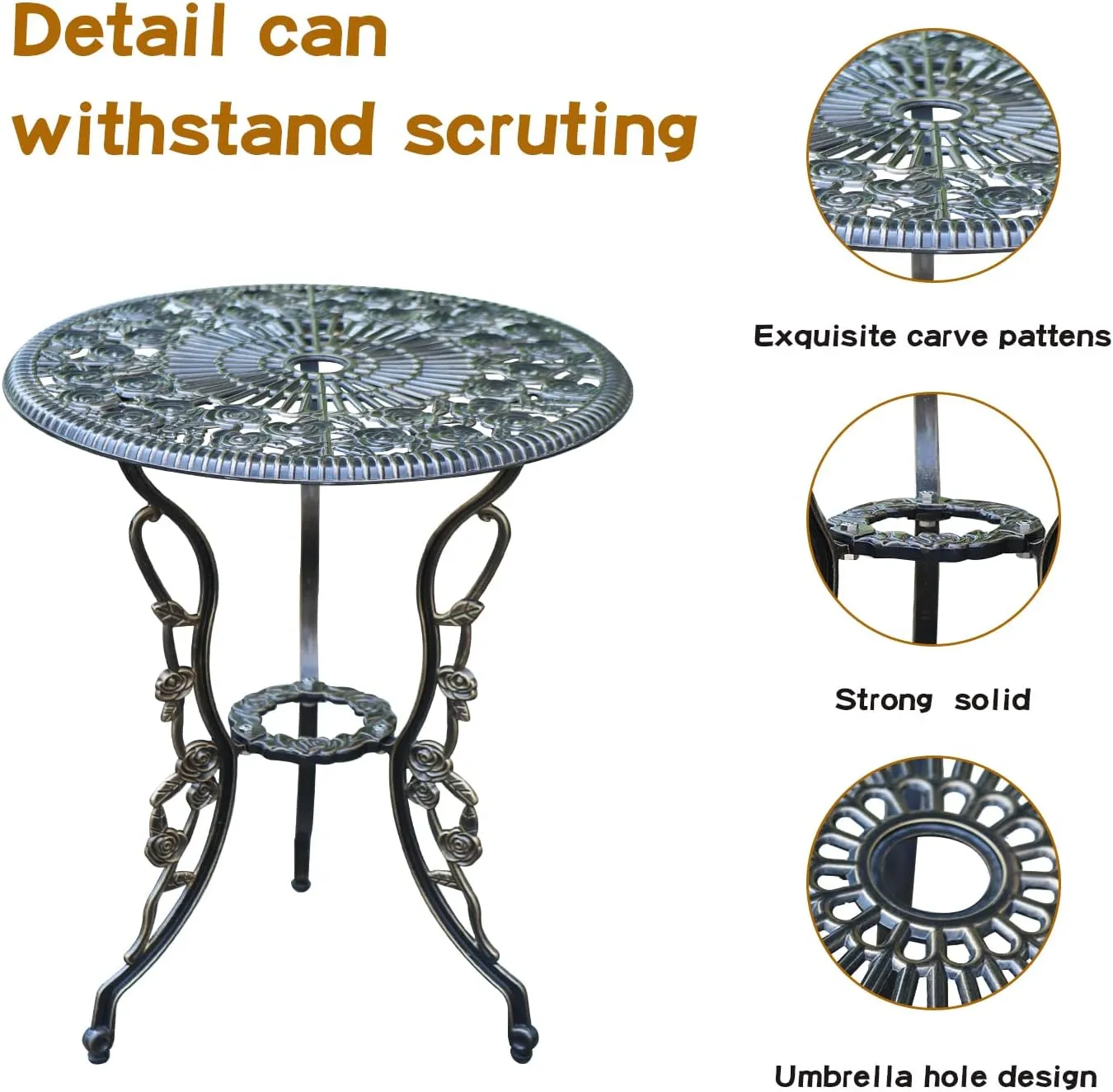 JARDIN DE CENTENNIAL Patio Bistro Set.Rust-Resistant Cast Aluminum Bistro Table Set with Umbrella Hole for Backyard (Rose Copper)