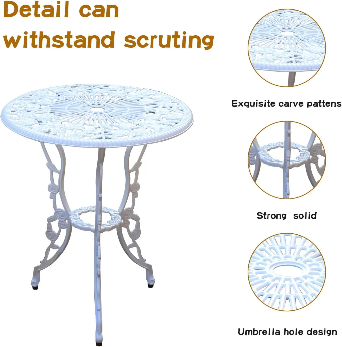 JARDIN DE CENTENNIAL Patio Bistro Set.Rust-Resistant Cast Aluminum Bistro Table Set with Umbrella Hole for Backyard (Rose White)