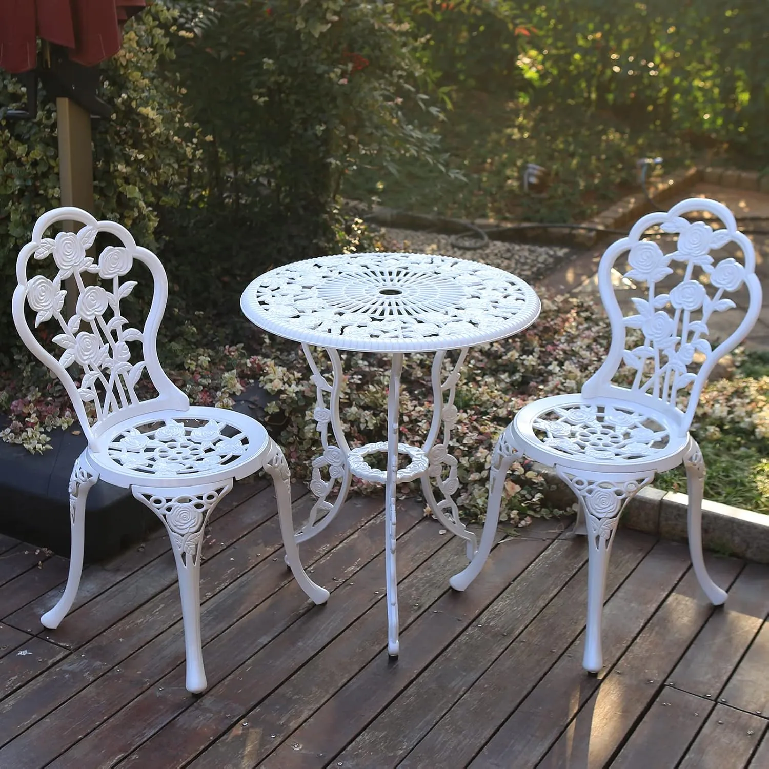 JARDIN DE CENTENNIAL Patio Bistro Set.Rust-Resistant Cast Aluminum Bistro Table Set with Umbrella Hole for Backyard (Rose White)