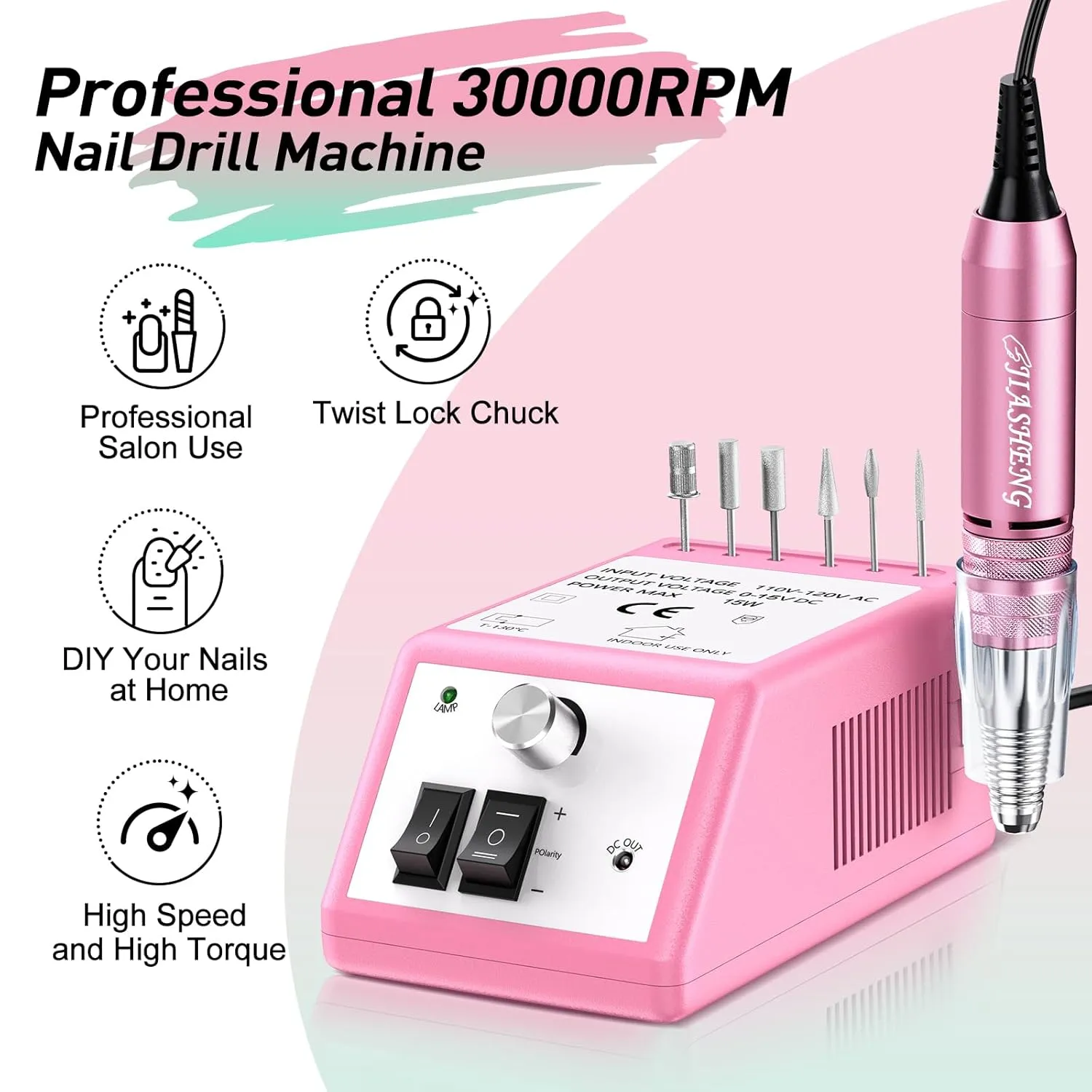 Jiasheng Electric Nail Drill, 30000rpm Professional Nail Drill Machine, Compact Electrical Nail File Kit for Acrylic Gel Nails Efile Drill for Manicure and Pedicure Salon Use