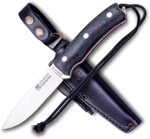 Joker Bushcraft Sports Knife Bushcrafter CM120-P, Black micarta Handle, Blade 4.13 inches of Böhler N695 Steel, Leather Sheath with Fire Starter, Tool for Fishing, Hunting, Camping and Hiking