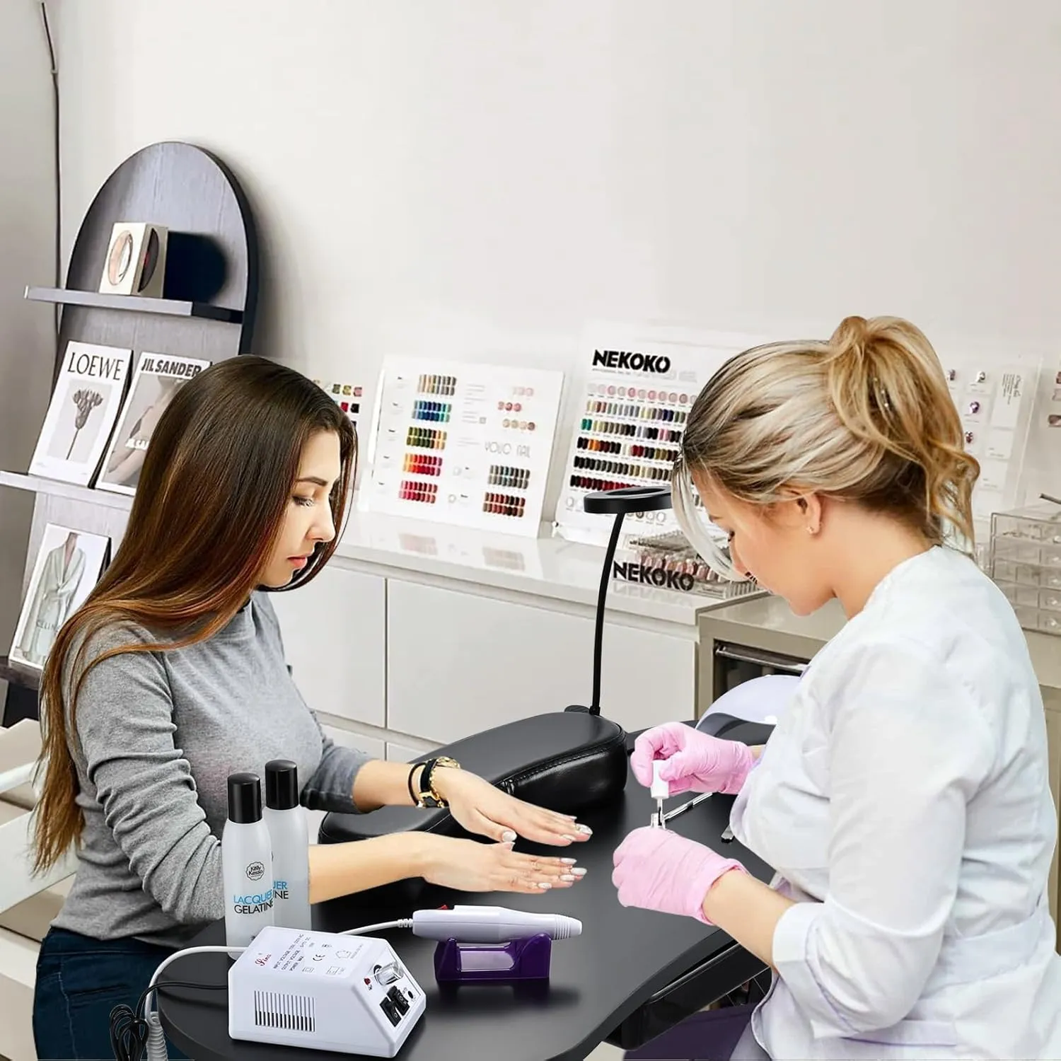 Joligrace Professional Foldable & Portable Manicure Table Nail Technician Desk Workstation with Rolling Wheels Large Drawer Client Wrist Pad Free Carrying Bag Travel Nail Tech Spa Beauty Table, Black
