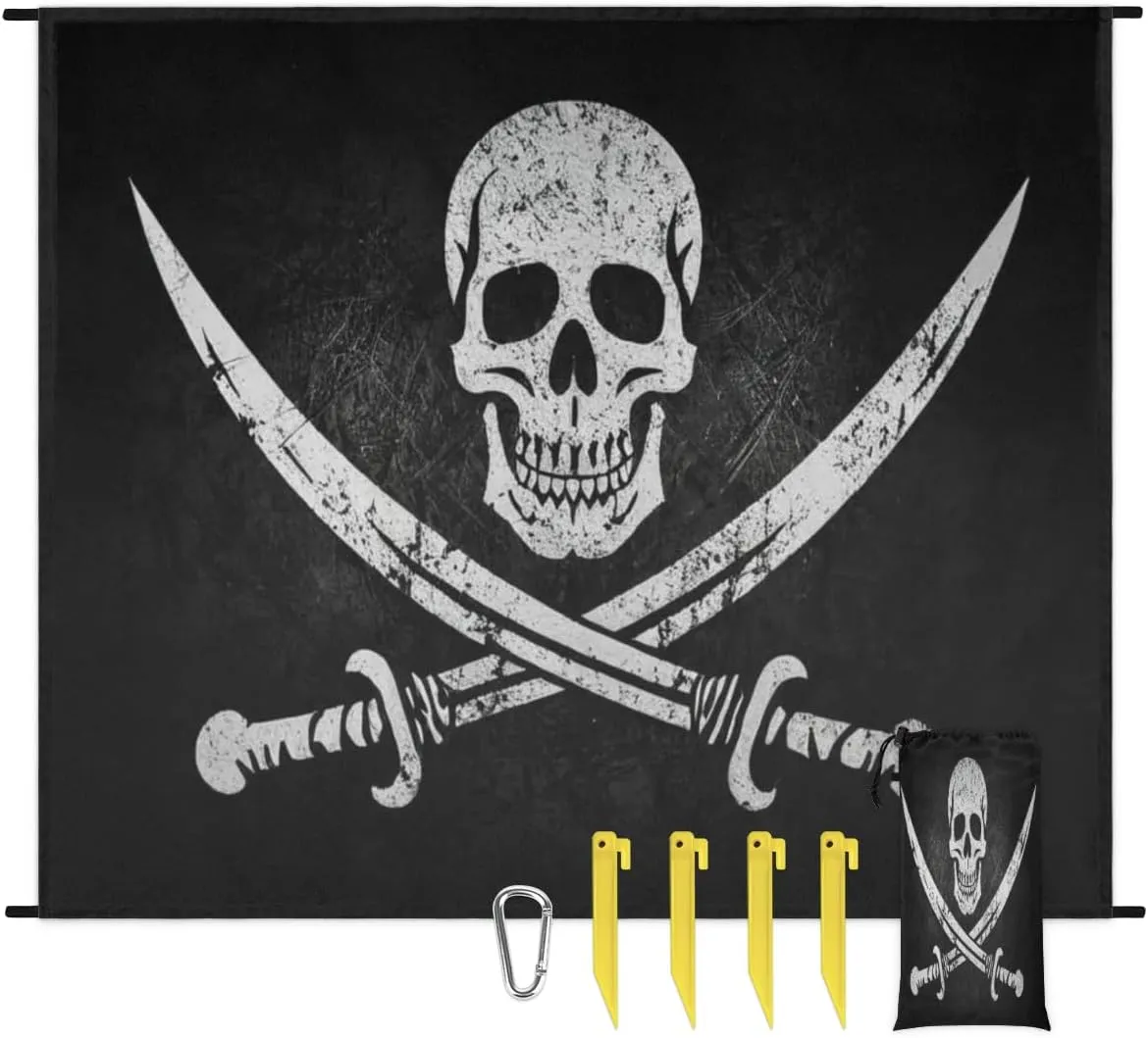Jolly Roger Pirate Skull Extra Beach Blanket Waterproof Sandproof Grunge Skeleton Large Beach Mat Sand Free Quick Drying Lightweight Durable Outdoor Picnic Blanket for Travel, Camping, Hiking
