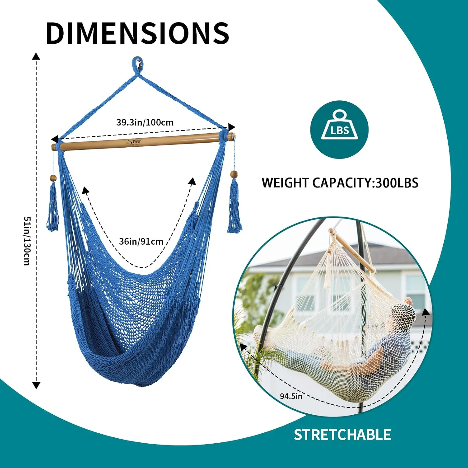 JoyView Hammock Chair with Spreader Bar Caribbean Hammock Swing Chair 300 LBS Weight Capacity XL Rope Hanging Chair for Outdoor Indoor Garden Yard - Light Blue