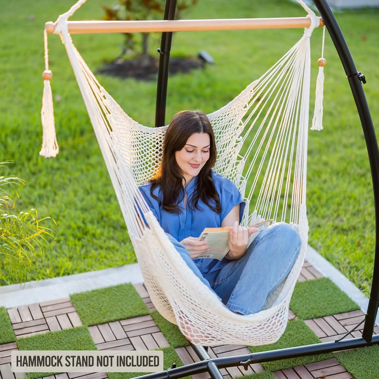 JoyView Hammock Chair with Spreader Bar Caribbean Hammock Swing Chair 300 LBS Weight Capacity XL Rope Hanging Chair for Outdoor Indoor Garden Yard - Light Blue