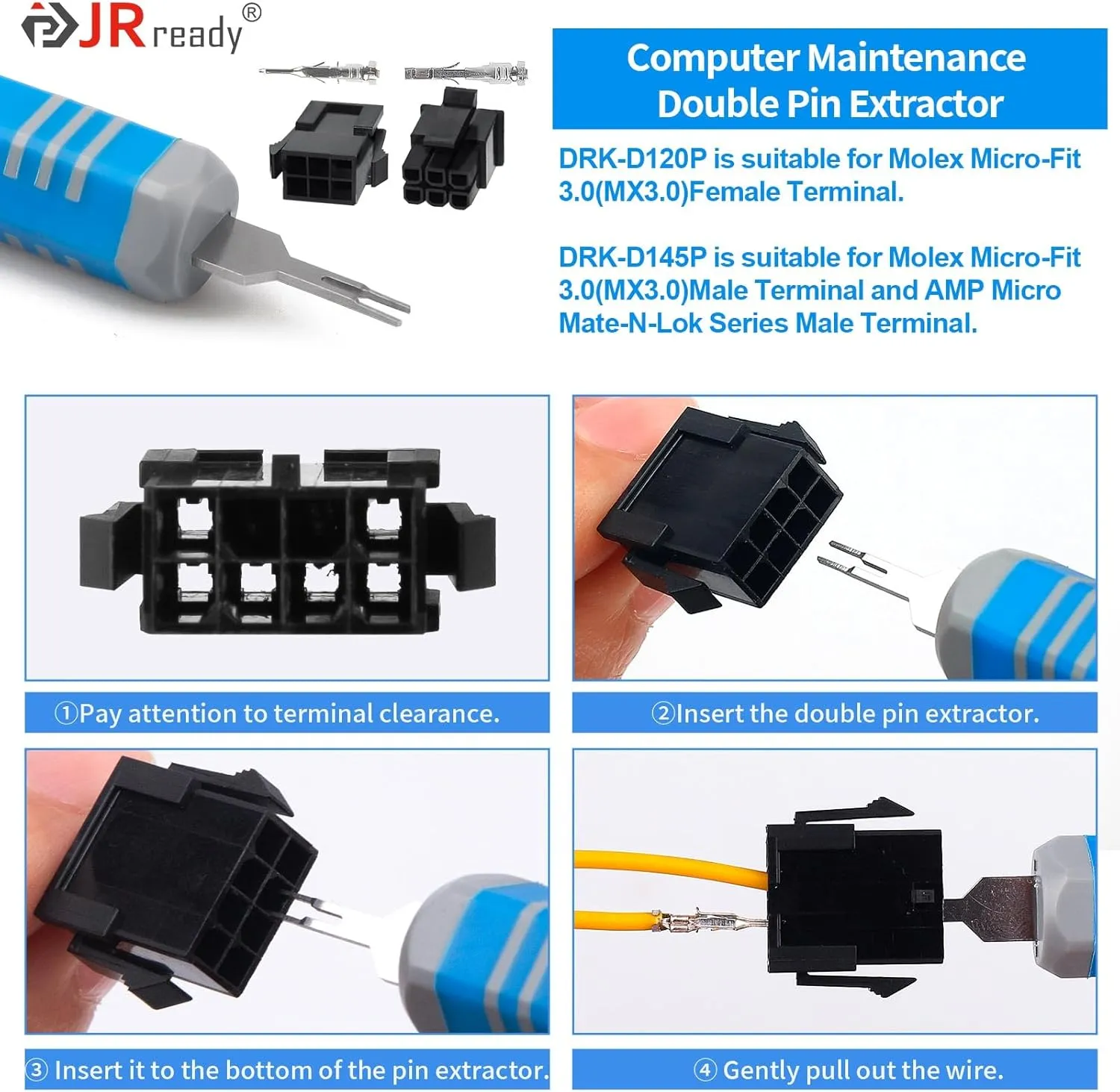 JRready ST5253-04 Molex Pin Extractor Kit Mini-Fit Jr. Extraction Molex Micro-Fit 3.0 Terminal Release Tool 3P 4P PC Fan Connector Electrical Pin Removal Tool