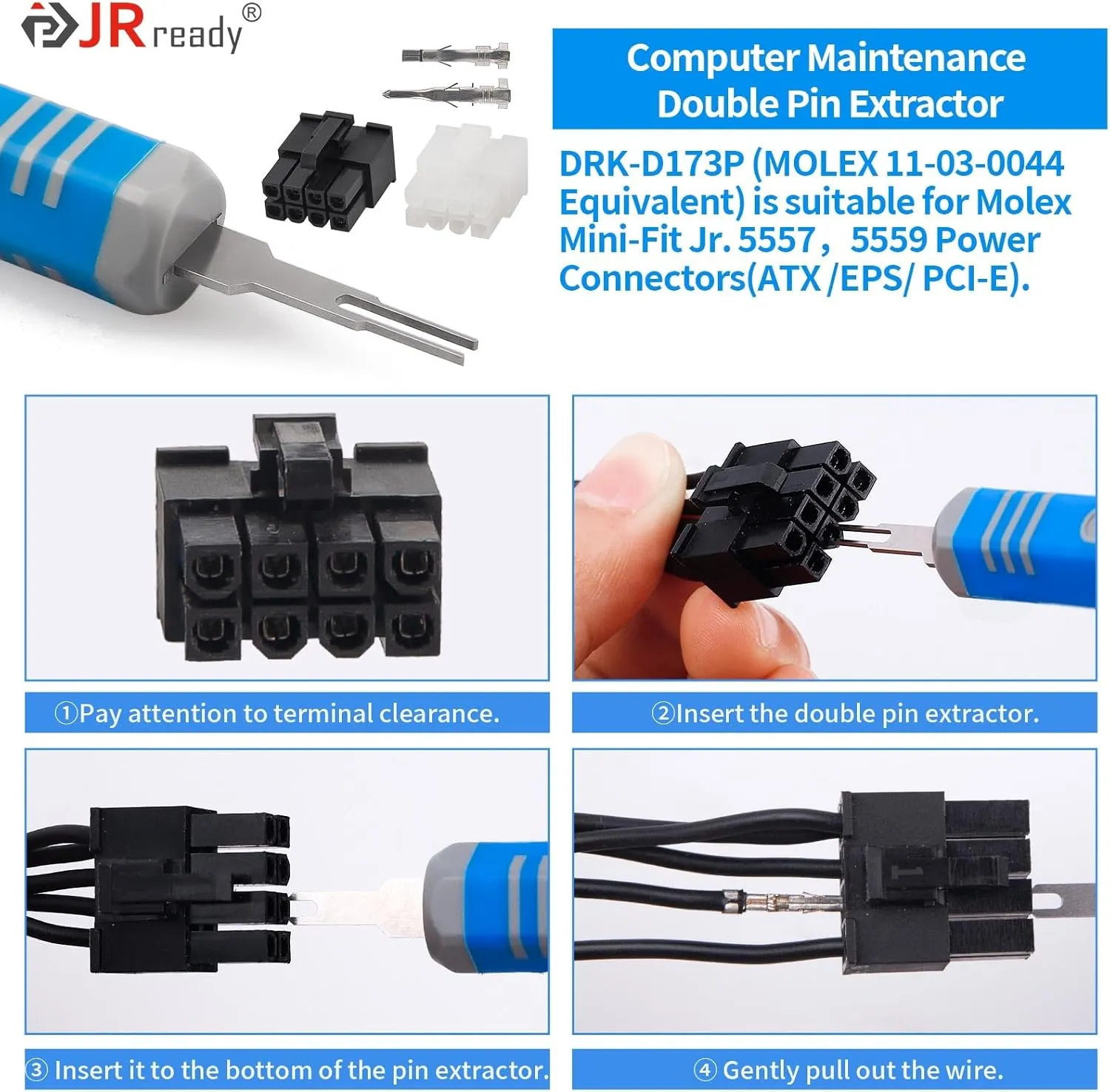 JRready ST5253-04 Molex Pin Extractor Kit Mini-Fit Jr. Extraction Molex Micro-Fit 3.0 Terminal Release Tool 3P 4P PC Fan Connector Electrical Pin Removal Tool