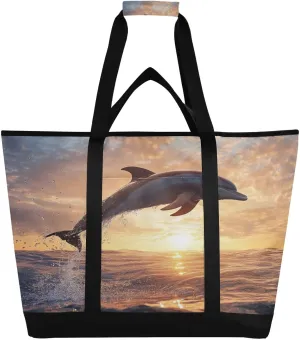 Jumping Dolphin Reusable Insulated Lunchbox Cooler Bag, Leakproof Kitchen Grocery Bag Collapsible Portable Cooler Tote Bag for Picnic, Camping, Office, Travel