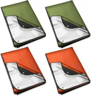 Kanayu 4 Pcs Emergency Thermal Survival Blankets 82 x 60 Inch,Heavy Duty Emergency Poncho Tarp Reusable Waterproof Blanket for Car,Camping,Hiking(Olive Green, Orange)