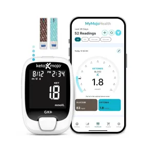 KETO-MOJO GK  Bluetooth Glucose & Ketone Testing Kit   Free APP for Ketosis & Diabetes Management. 20 Blood Test Strips (10 Each), Meter, 20 Lancets, Lancing Device, and Control Solutions