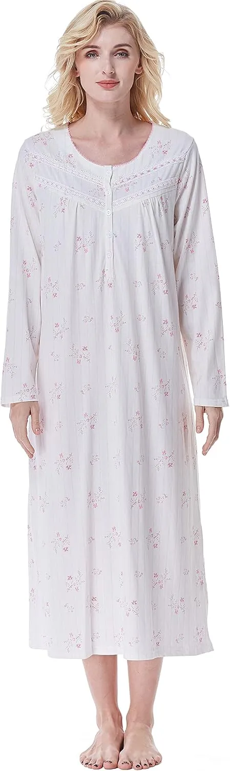 Keyocean Nightgowns for Women, Soft Cotton Comfortable Lightweight Long-Sleeve Ladies Night Dresses