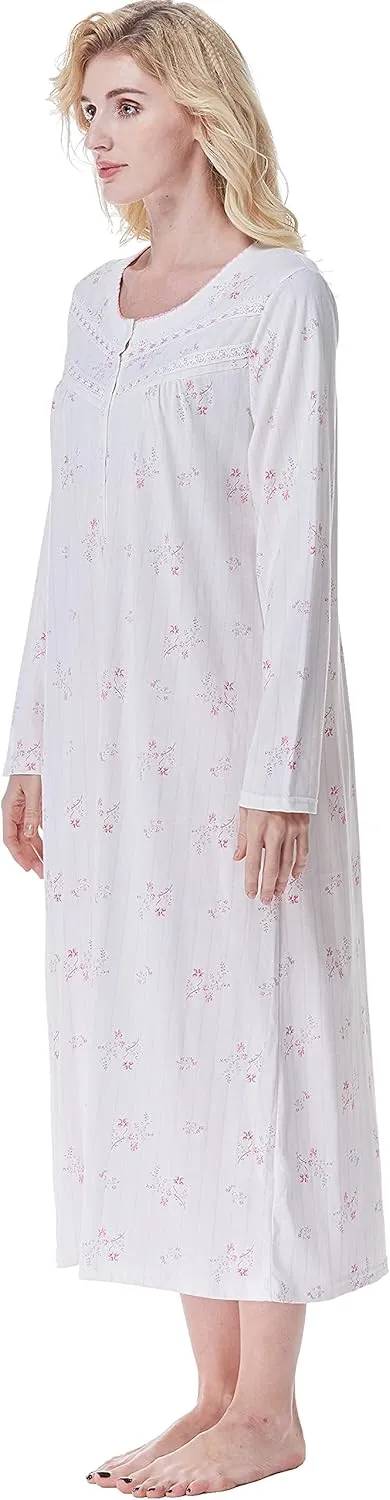 Keyocean Nightgowns for Women, Soft Cotton Comfortable Lightweight Long-Sleeve Ladies Night Dresses