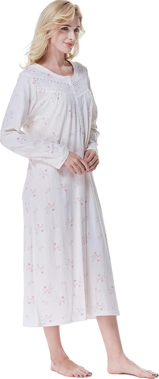 Keyocean Nightgowns for Women, Soft Cotton Comfortable Lightweight Long-Sleeve Ladies Night Dresses