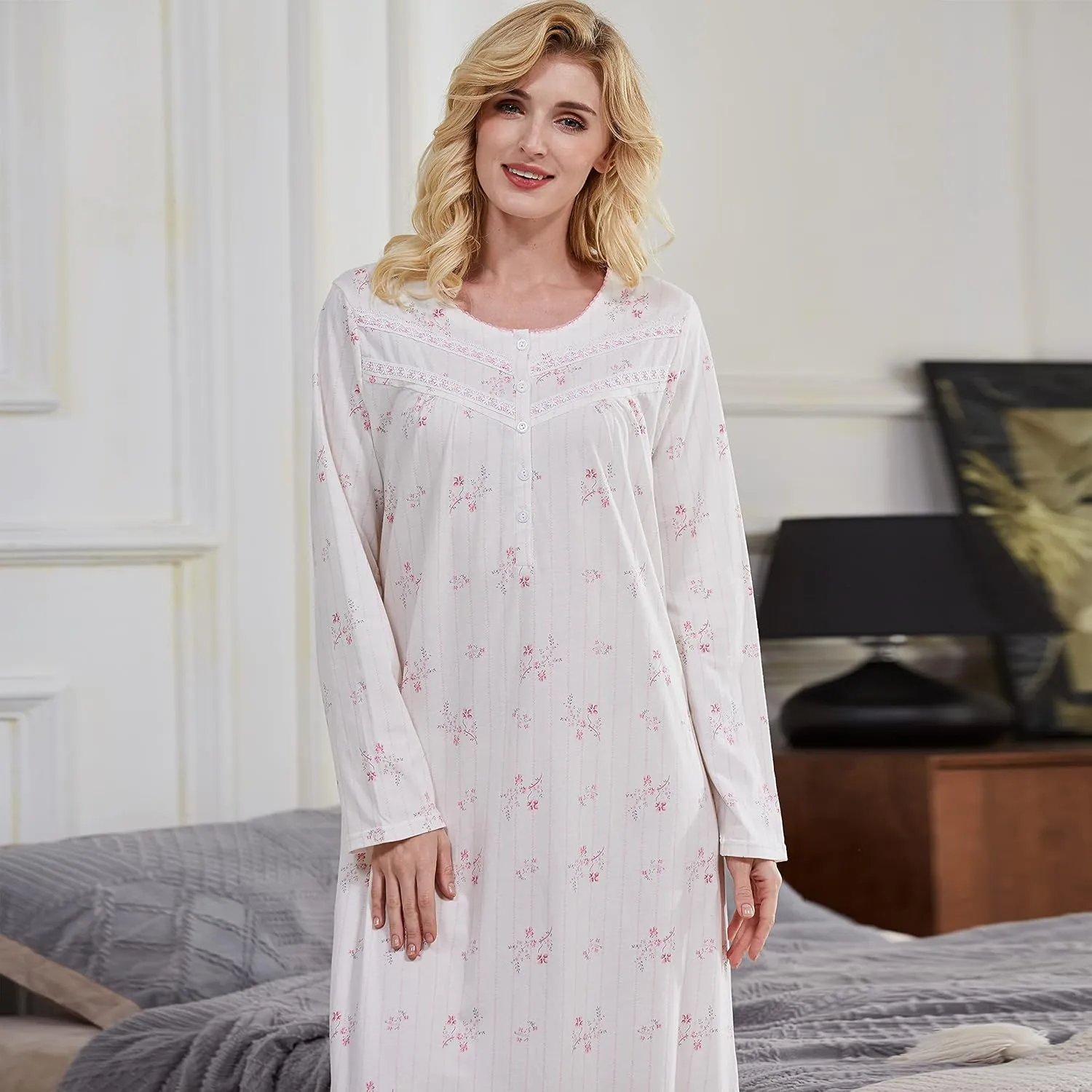 Keyocean Nightgowns for Women, Soft Cotton Comfortable Lightweight Long-Sleeve Ladies Night Dresses