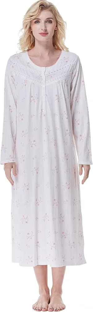 Keyocean Nightgowns for Women, Soft Cotton Comfortable Lightweight Long-Sleeve Ladies Night Dresses
