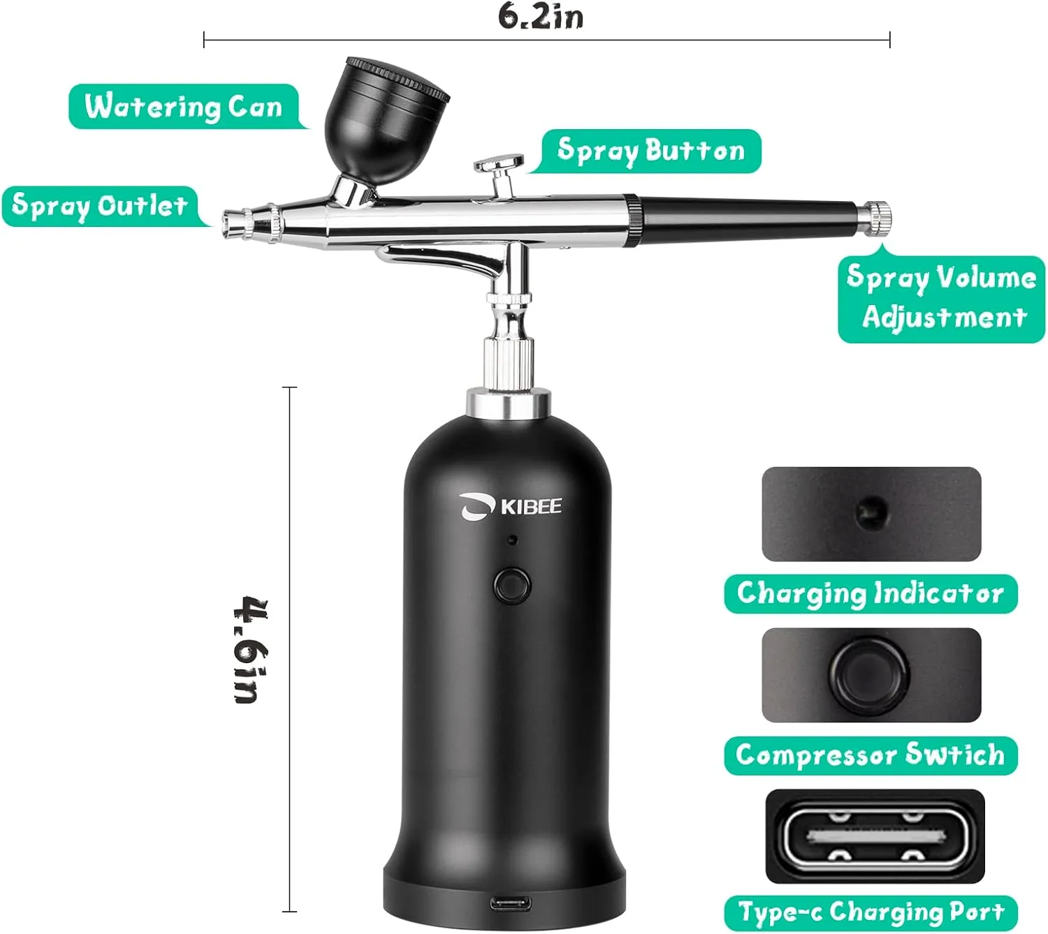 KIBEE Updated Cordless Airbrush Kit with Compressor,USB-C Rechargeable Airbrush with High Pressure Compressor,Wireless Dual Action Air Brush Gun for Barber,Cake Decor,Nail Art,Painting,Makeup…