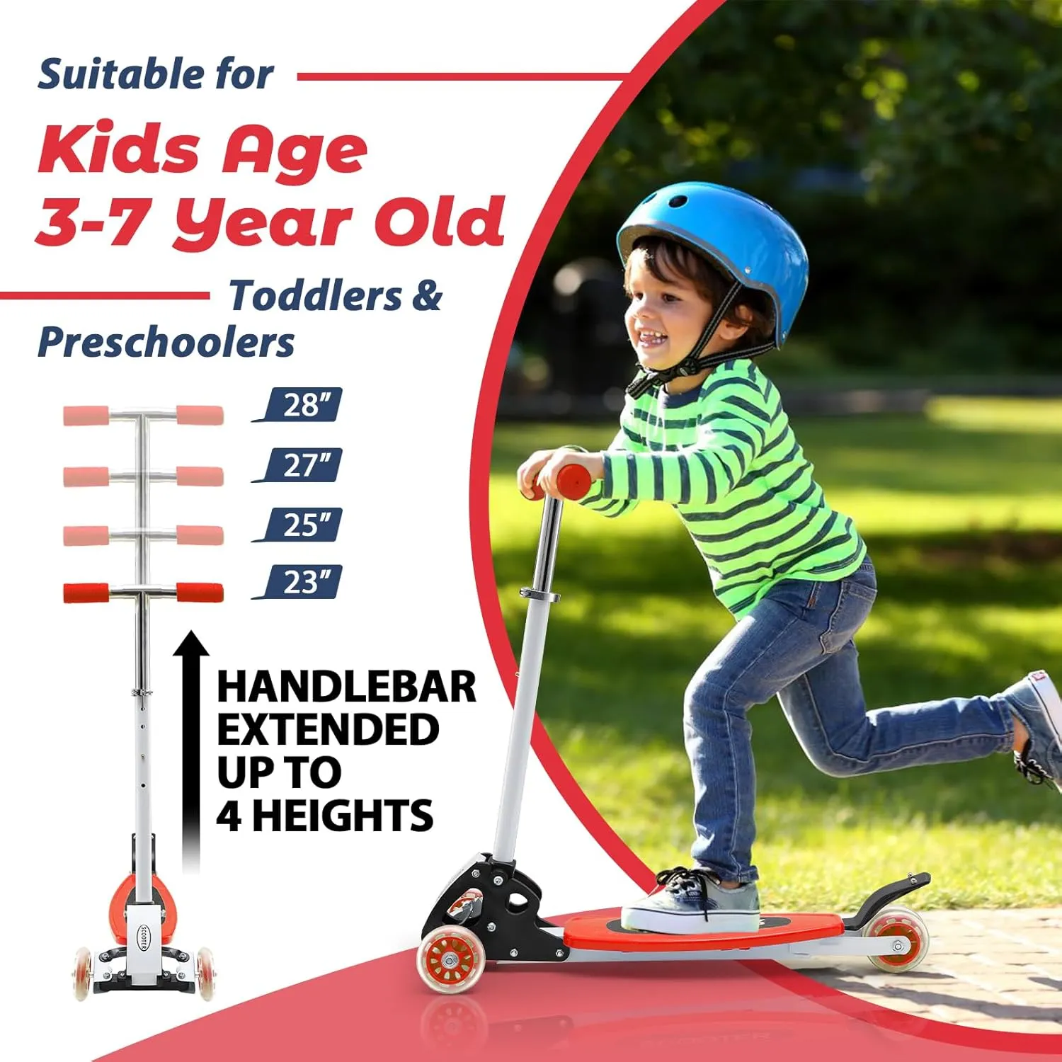 Kick Scooter, Toddler Scooters for Kids 3-5, Foldable 3 Wheel Scooters, Lean to Steer Scooter with 23"-28" Height Adjustable Handlebar, Wide Deck, Outdoor and Indoor Toys, Grils Boys Birthday Gift