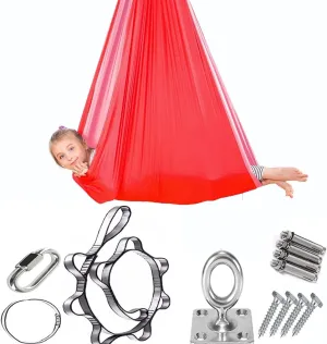 Kids Indoor Outdoor Sensory Swing with Special Needs, 360° Swivel Therapy Swings Joy Hammock Double Layer Sturdy Strong-Bearing Soft Nylon Elastic Swings (Color : Red-Pink, Size : 230x150cm)