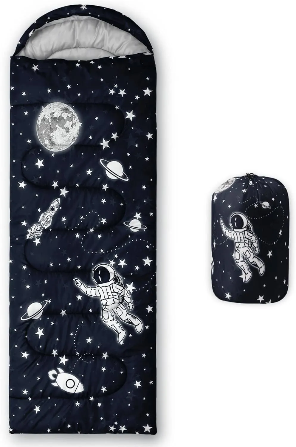Kids Sleeping Bag for Boys Girls,Rocket Astronaut Moon Print-Lightweight Warm Portable Outdoor Indoor-Waterproof Cold Weather Resistant Sleeping Bag for Camping Hiking