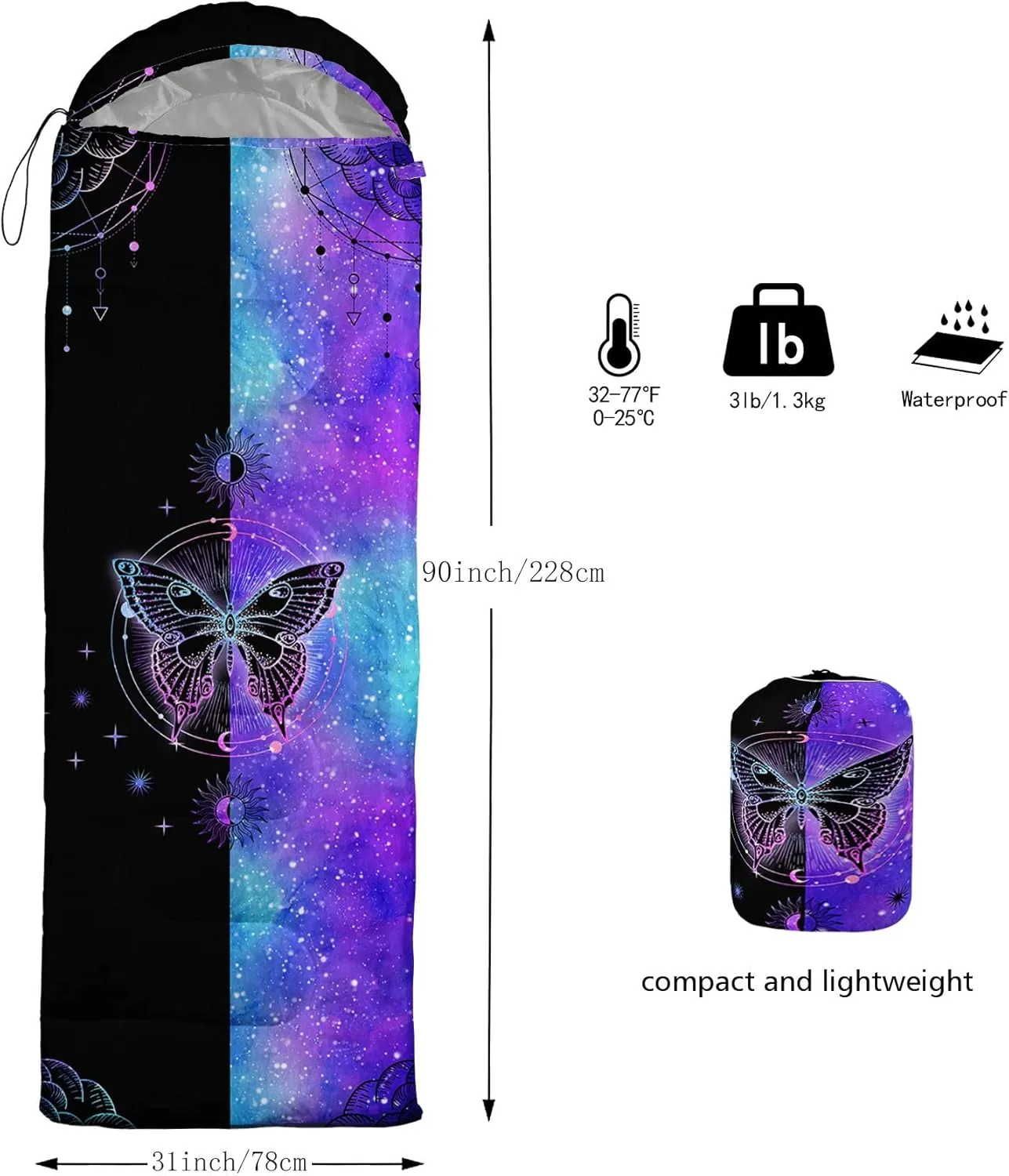 Kids Sleeping Bag for Boys Girls,Rocket Astronaut Moon Print-Lightweight Warm Portable Outdoor Indoor-Waterproof Cold Weather Resistant Sleeping Bag for Camping Hiking