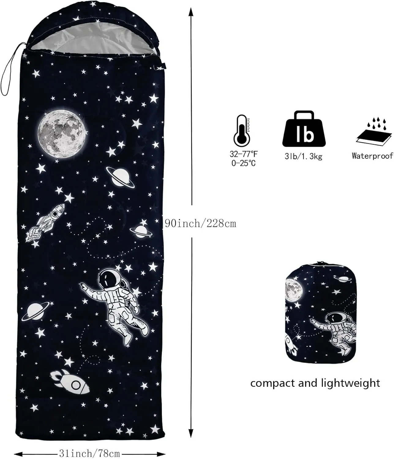 Kids Sleeping Bag for Boys Girls,Rocket Astronaut Moon Print-Lightweight Warm Portable Outdoor Indoor-Waterproof Cold Weather Resistant Sleeping Bag for Camping Hiking