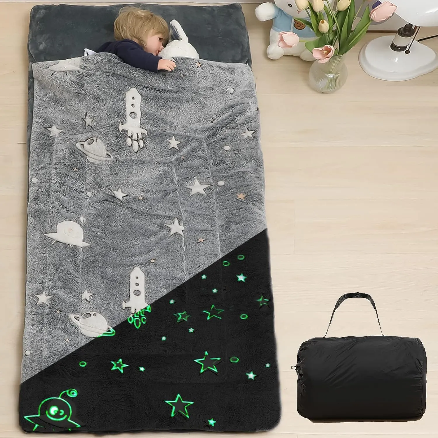 Kids Sleeping Bags for Boys Girls Glow in The Dark Stars Space Slumber Bag Super Soft Nap Mat for Daycare Sleepovers | with Zipper Pillow Pocket and Carrying Bag