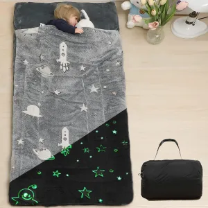 Kids Sleeping Bags for Boys Girls Glow in The Dark Stars Space Slumber Bag Super Soft Nap Mat for Daycare Sleepovers | with Zipper Pillow Pocket and Carrying Bag