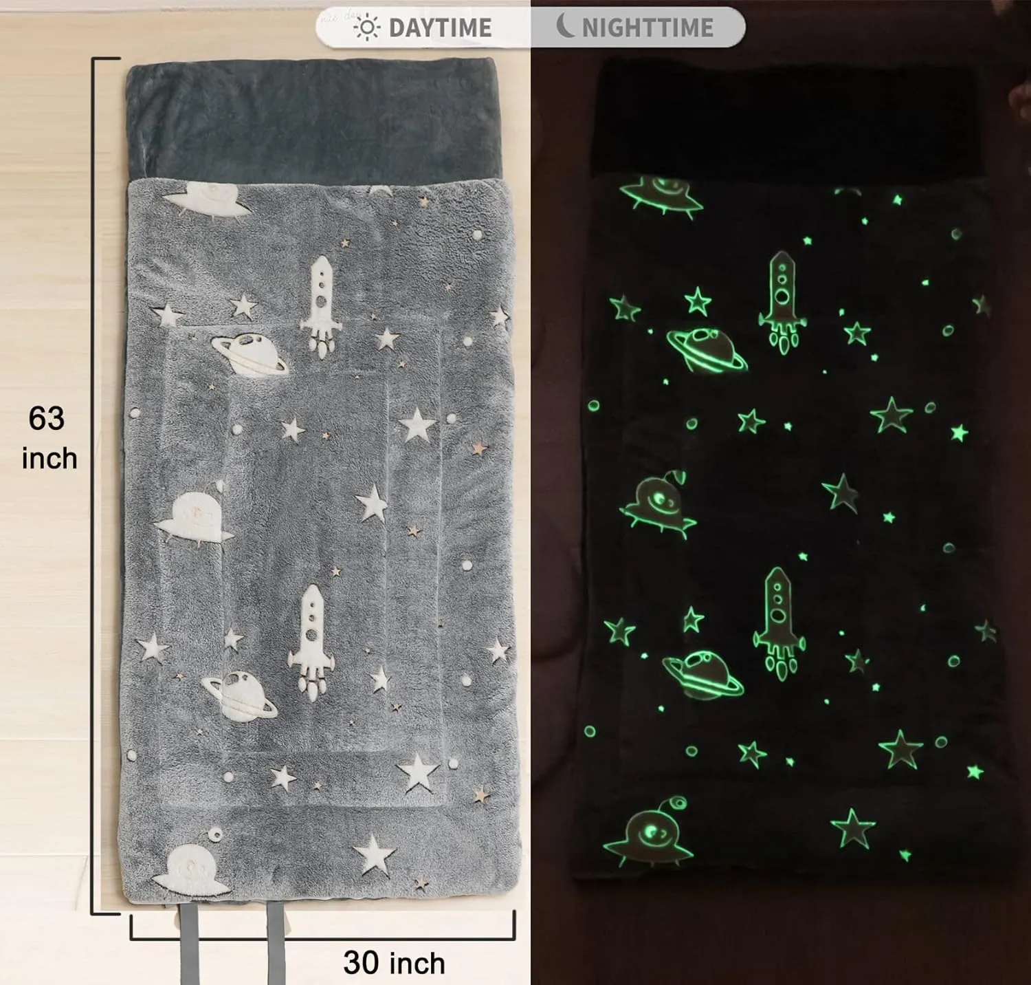 Kids Sleeping Bags for Boys Girls Glow in The Dark Stars Space Slumber Bag Super Soft Nap Mat for Daycare Sleepovers | with Zipper Pillow Pocket and Carrying Bag