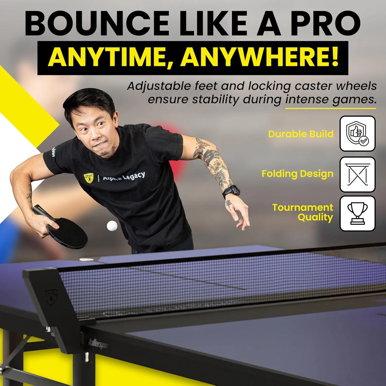 Killerspin MyT Max - Ping Pong Table, Foldable Table for Table Tennis, Portable Ping Pong Table Set with Built-in Paddle and Ball Storage, 25mm