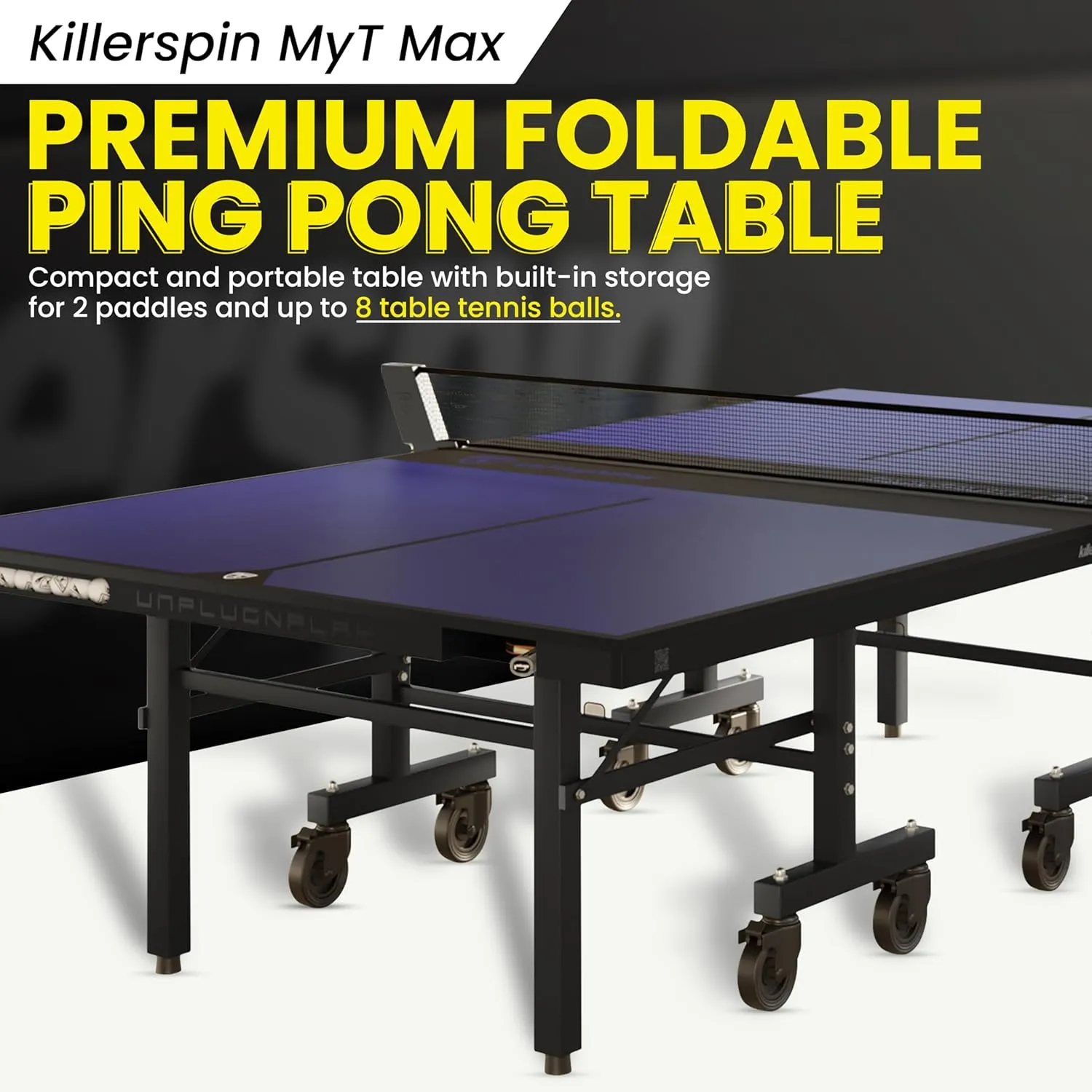 Killerspin MyT Max - Ping Pong Table, Foldable Table for Table Tennis, Portable Ping Pong Table Set with Built-in Paddle and Ball Storage, 25mm